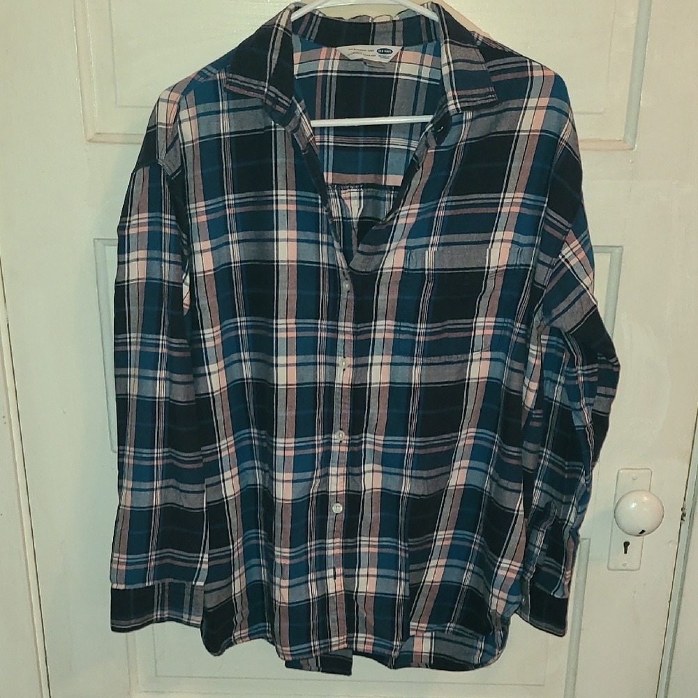 Old Navy Casual Plaid Shirt - Navy and Light Pink